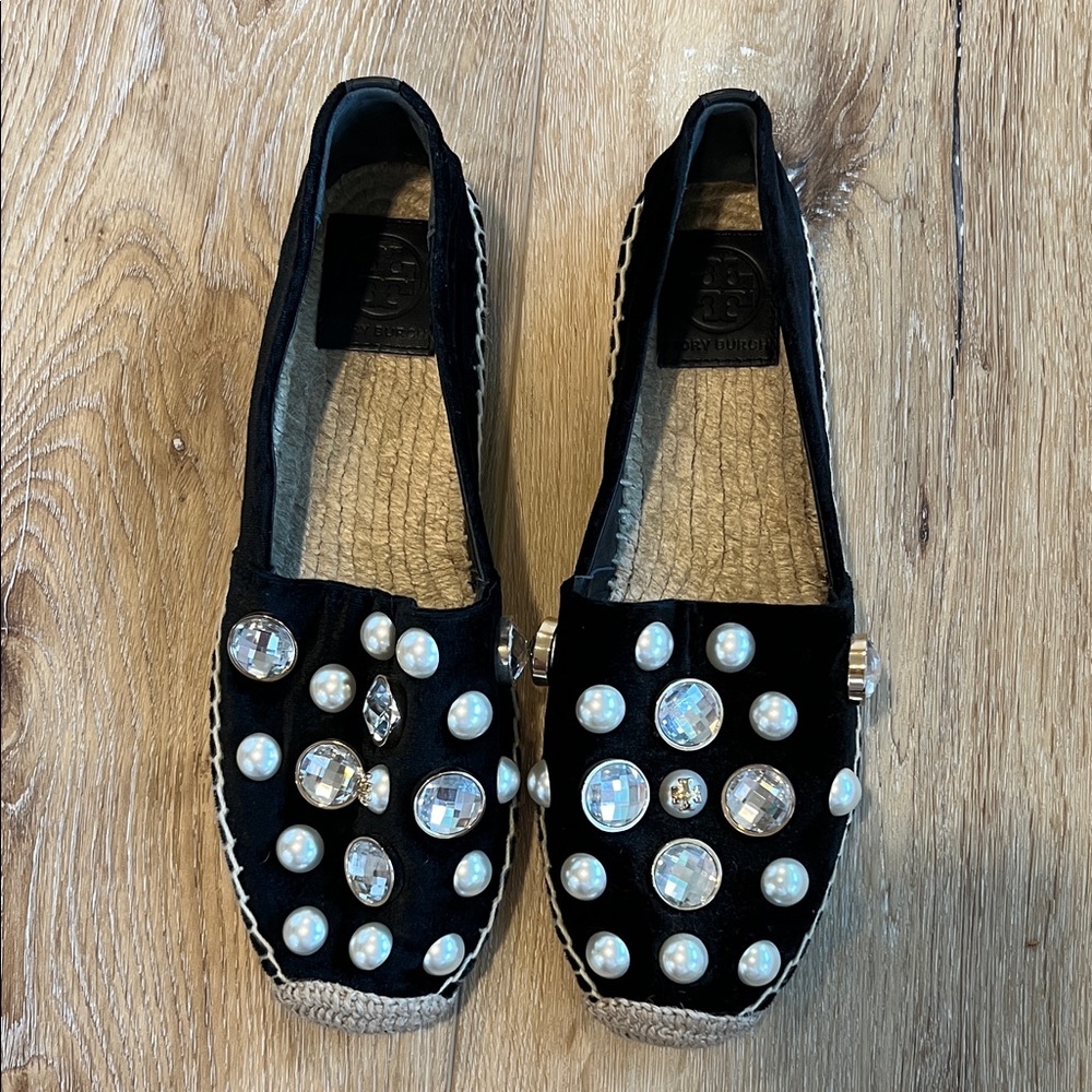 Tory Burch Black Pearl Embellished Espadrilles